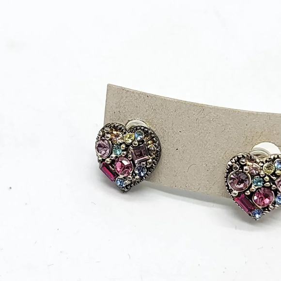Stunning Silver Tone Multi Color Glass Rhinestone Heart Post Earrings Vintage - Picture 3 of 5